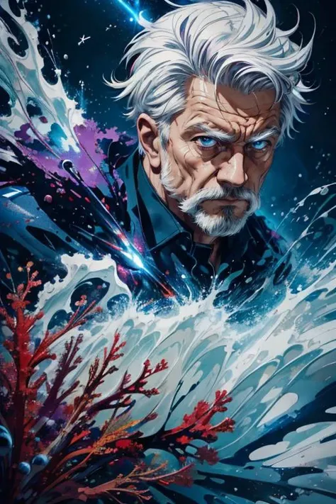 maximum details, cinematic, (abstract art:1.1), stylized, deep shadow, <lora:add_detail:0.5>, <lora:epi_noiseoffset2:0.5>,
(1man, old german male:1.2), frail, purple eyes, white hair, french crop,
Style-GravityMagic, (bloody scars:0.7), looking at viewer, solo, (full body:0.6), detailed background, close up, ( flash theme:1.1), superhero, determined expression, dynamic pose, underwater, under the sea, (fish:0.6), swimming, corals, laser beams, cinematic atmosphere,
<lora:StarDust:0.6>,