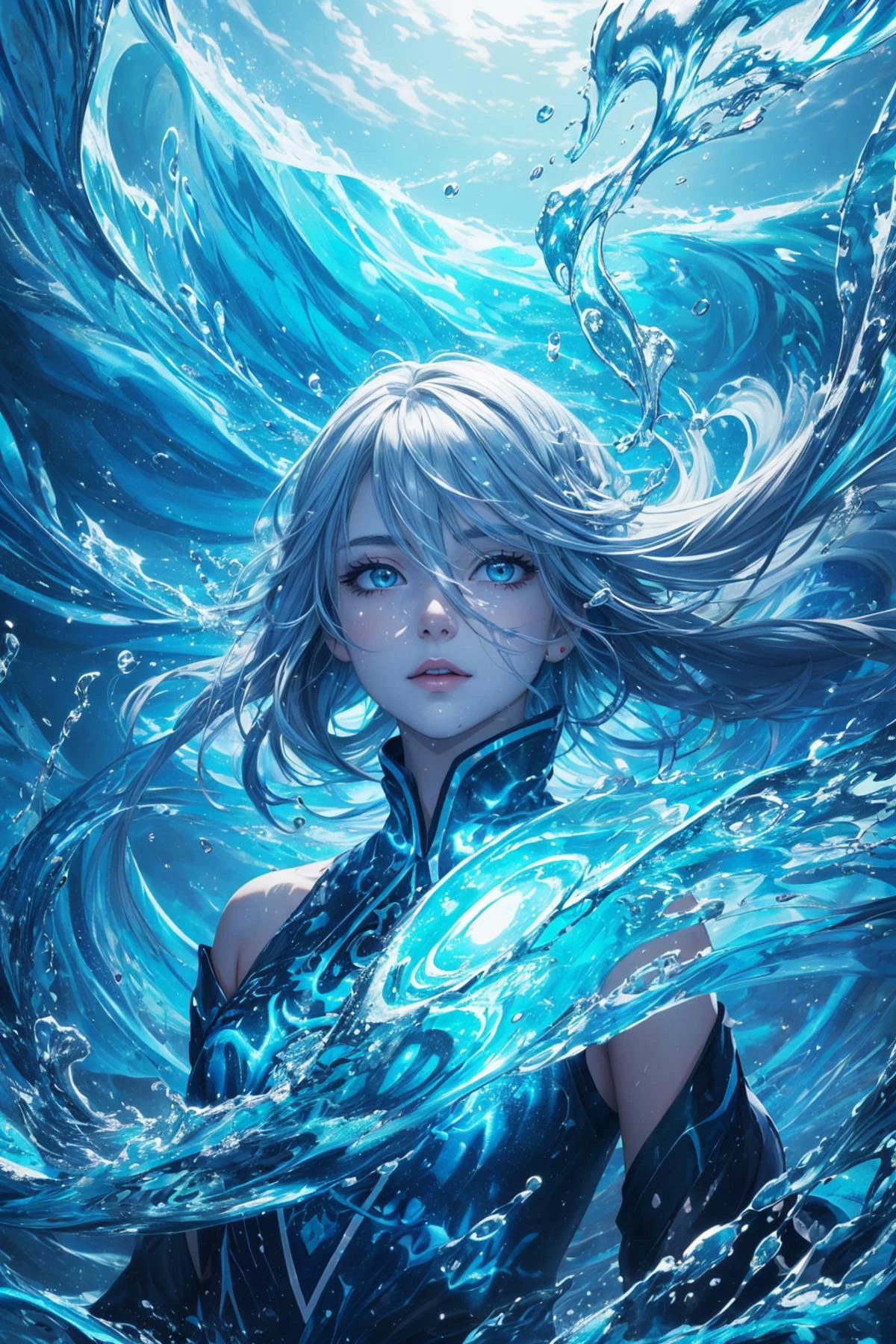 maximum details, cinematic, abstract art, stylized, <lora:add_detail:0.5>, <lora:epi_noiseoffset2:0.5>,
1 girl, adult (elven:0.7) woman, jade eyes, black braided hairstyle, ombre,
<lora:GoodHands-beta2:0.8>,
Style-GravityMagic, portrait, solo, upper body, looking away, detailed background, detailed face, ( theme:1.1), (glowing eyes:1.05), water wizard, surrounded by swirling water, water floating, fantasy wizard clothes, dynamic pose, floating particles, magical water, lake in background, blue tones, cliffs, cinematic atmosphere,