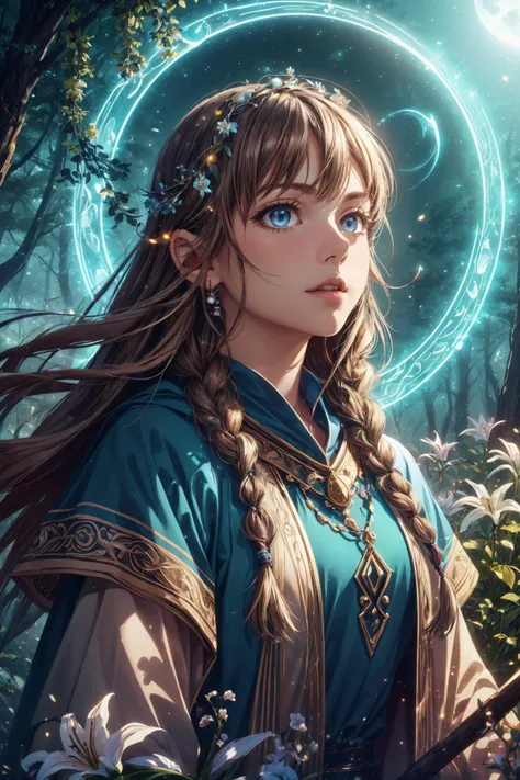 maximum details, cinematic, (abstract art:1.1),  stylized, deep shadow, <lora:add_detail:0.5>, <lora:epi_noiseoffset2:0.5>,
1 girl, adult (elven:0.7) woman,  light blue eyes, light brown fishtail braid, 
Style-GravityMagic, focus on character portrait, solo, upper body, looking up, detailed background, detailed face, (<lora:GlyphTech:0.5>,     glyphtech theme:1.1), joyful expression,  druid, wearing natural colored brown clothes,  fur-lined, druid staff, feathers,  healing magic, runes,  glowing orbs, natural magic,   moss,    stone, orange flowers, lilies, plants,  moonlight, filtered light, forest in background, natural uplifting atmosphere, earth tones,