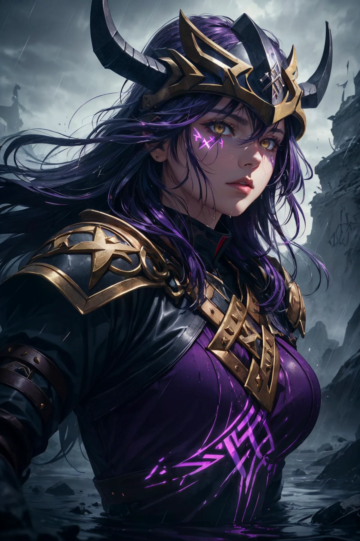 maximum details, cinematic, (abstract art:1.1), dark theme, deep shadow, <lora:add_detail:0.5>, <lora:epi_noiseoffset2:0.5>,
1 girl, adult (elven:0.7) woman, dark brown eyes, yellow half-up half-down hairstyle,
norse, portrait, battlescars,looking up, solo, (full body:0.6), detailed background, (<lora:GlowingRunesAIv4:0.6>, GlowingRunes_purple, glowing runes theme:1.1), nordic medieval norse raider, serious expression, fury of the old gods, simple muted dark red studded leather battle-tunic, helmet, soaked in the rain, norse atmosphere,