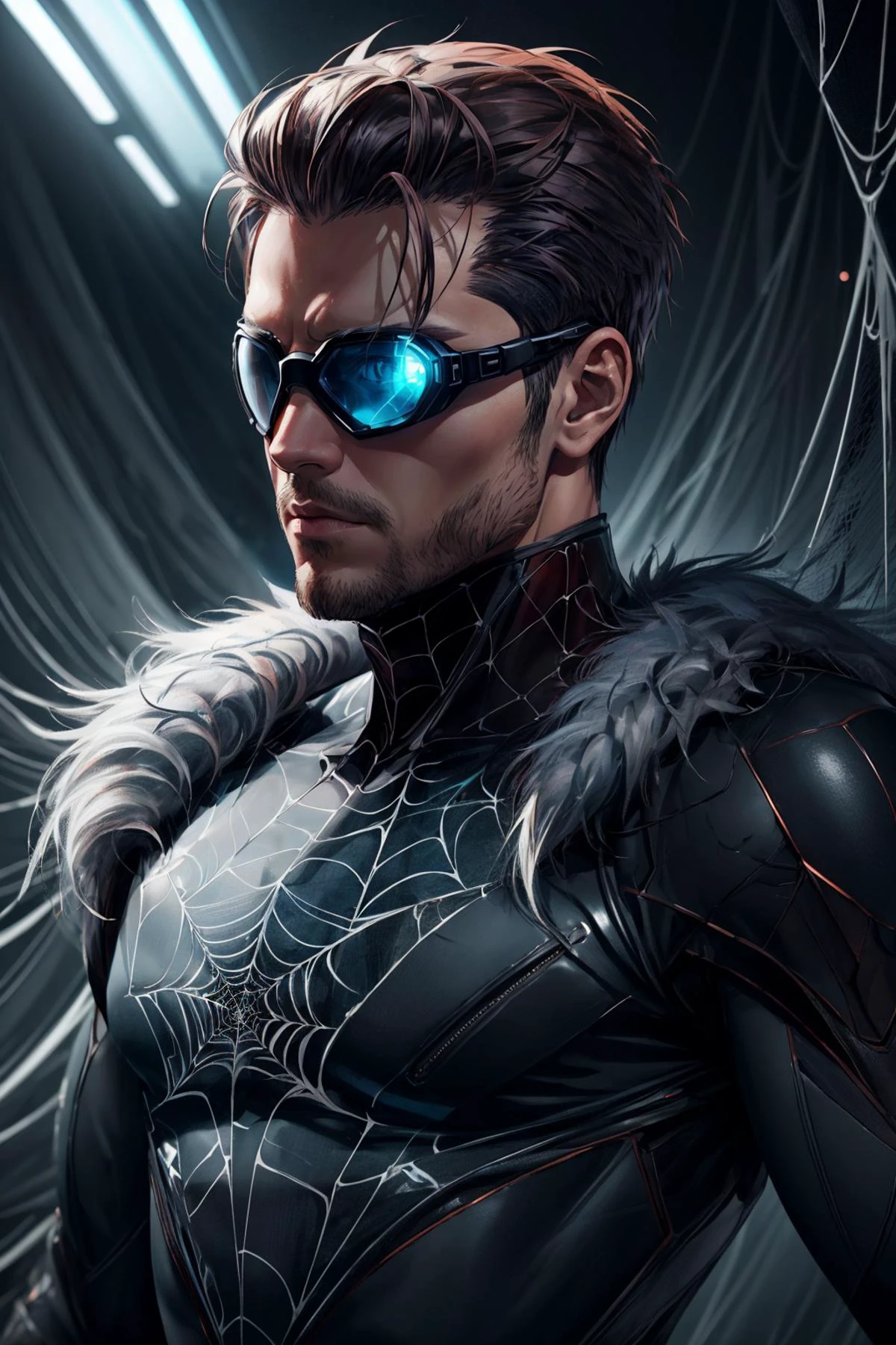 maximum details, cinematic, (abstract art:1.1), dark theme, stylized, deep shadow, <lora:add_detail:0.5>, <lora:epi_noiseoffset2:0.5>,
(1man, masculine adult male:1.2), grey-blue eyes, copper hair, shaved head,
portrait, solo, (full body:0.6), looking at viewer, detailed background, detailed face, (<lora:WebbedTech:0.6>, fuzzy organic webs, webbedtech theme:1.1), secret agent, concealed, subterfuge, espionage, secret mission, infiltration, covert operation, gadgets, dark purple spy clothes, goggles, secret facility in background, low light, dark cinematic atmosphere,