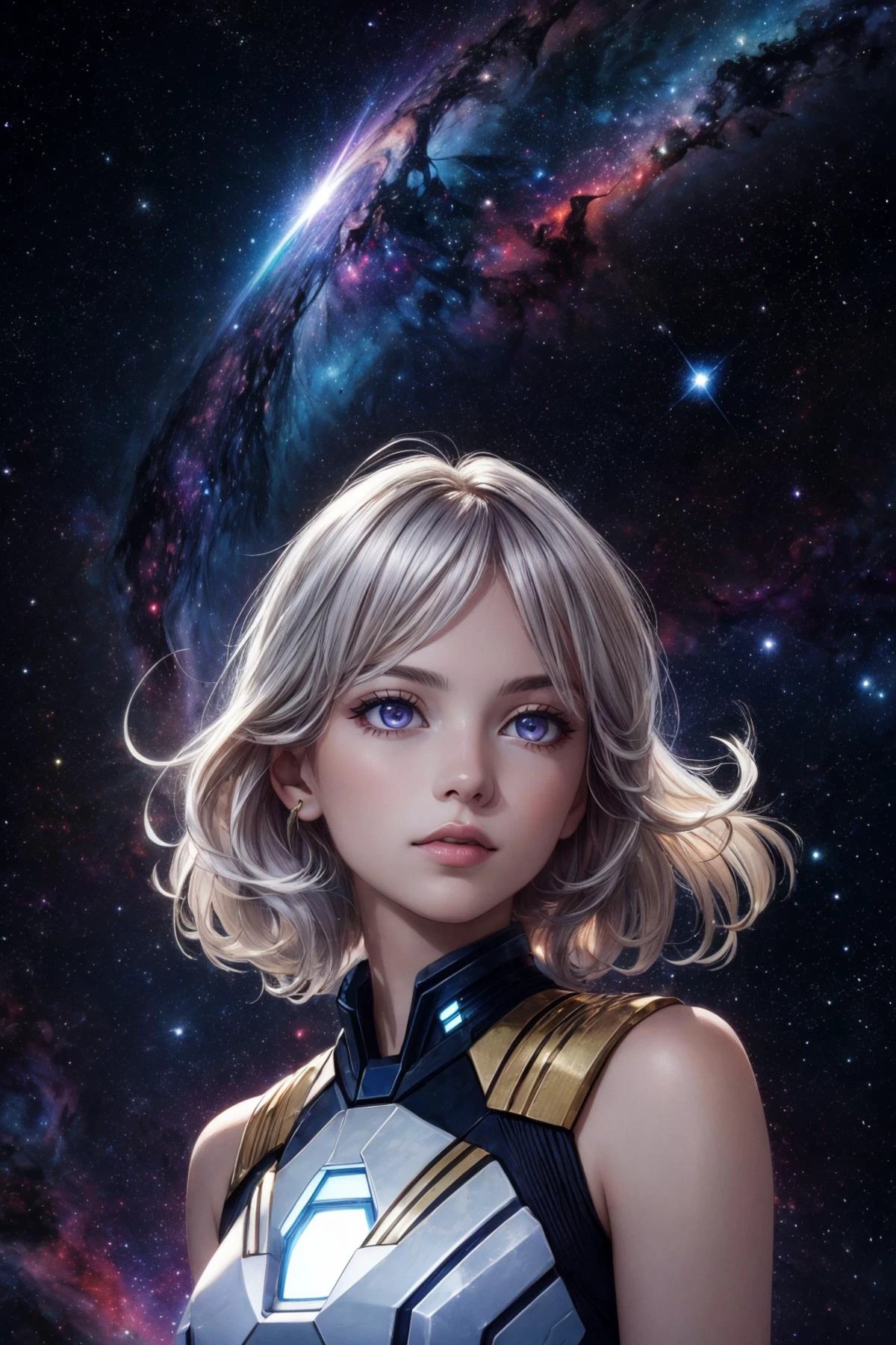 maximum details, cinematic, abstract art, <lora:add_detail:0.5>, <lora:epi_noiseoffset2:0.5>,
1 girl, adult (elven:0.7) woman, purple eyes, light blonde shag hair, ombre,
<lora:GoodHands-beta2:0.8>,
Style-GravityMagic, portrait, solo, upper body, looking away, detailed background, detailed face, (startrek theme:1.1) (glowing eyes:1.05), embodied star constellation, star sign, horoscope, dynamic pose, spiritual, sagittarius, geometric patterns, interstellar energy, nebula, aura, floating particles, cosmic dust, backlighting, cosmic space background, dreamlike esoteric atmosphere,