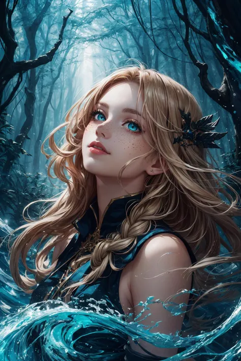 maximum details, cinematic, abstract art, dark theme, stylized, <lora:add_detail:0.5>, <lora:epi_noiseoffset2:0.5>,
1 girl, adult (elven:0.7) woman, freckles, teal eyes, light brown dutch braid,
Style-GravityMagic, portrait, (bloody scars:0.7), looking up, solo, upper body, detailed background, (high fantasy medieval theme:1.1), evil sorcerer, intricate dark orange clothes, sinster smile, arms raised, hair flowing in the wind, (light green waves), arcane hourglass, mana, grim dark realistic lighting, enchanted forest in background,