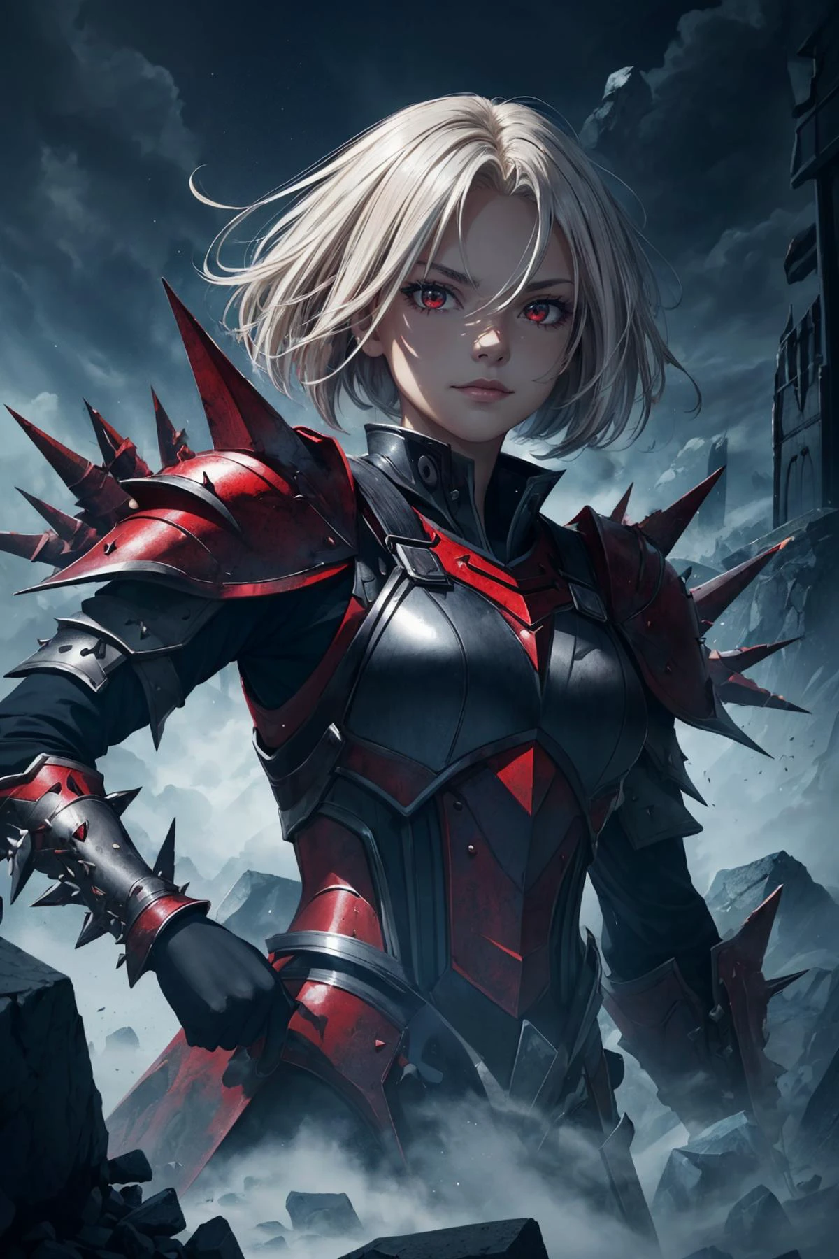 maximum details, cinematic, (abstract art:1.1), dark theme, deep shadow, <lora:add_detail:0.5>, <lora:epi_noiseoffset2:0.5>,
1 girl, adult (elven:0.7) woman, red eyes, platinum blonde razor cut hair, ombre,
<lora:GoodHands-beta2:0.8>,
solo, upper body, detailed background, detailed face, (militarist authoritarian dictatorship theme:1.1), warlord, tormentor, malevolent grin, scarred, crimson clothes, heavy spiked armor, cursed blade , unsettling vapors coiling around, apparitions slithering , floating particles, rocks, shadows in background, dungeon in background, misty dark sinister atmosphere, stormclouds,