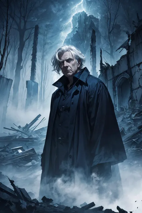 maximum details, cinematic, abstract art, dark theme,  deep shadow, <lora:add_detail:0.5>, <lora:epi_noiseoffset2:0.5>,
(1man, wrinkled face, old  male:1.2), wise,  black eyes, white hair, medium hair, 
<lora:GoodHands-beta2:0.8>,
Style-GravityMagic,  solo, half shot, looking at viewer, detailed background, detailed face, (sinister  dark fantasy theme:1.1), ethereal glowing eyes, manifestation of death,  white  clothes,  death,   ruin in background, aura of inevitability,  eerie fog,     sinister dark mysterious atmosphere,
