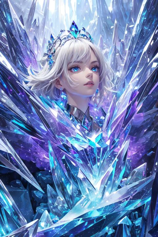 maximum details, cinematic, abstract art, dark theme, <lora:add_detail:0.5>, <lora:epi_noiseoffset2:0.5>,
1 girl, adult (elven:0.7) woman, brown eyes, platinum blonde razor cut hair,
Style-GravityMagic, looking up, solo, upper body, detailed background, close up, cold detailed face, ( theme:1.1), crystal mage, dynamic pose, elemental rock themed clothes, crystal crown, crystals floating in the air, glowing magical rocks, surrounded by green magical crystals, amethyst, stalagmites, magical floating particles, crystal glass, icy landscape background, (shallow water:0.7), magical epic ethereal atmosphere, reflections, updraft,