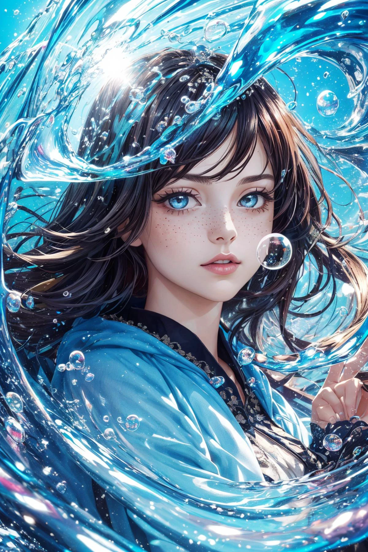 maximum details, cinematic, abstract art, deep shadow, <lora:add_detail:0.5>, <lora:epi_noiseoffset2:0.5>,
1 girl, adult british woman, freckles, aquamarine eyes, dark red blowout hair,
Style-GravityMagic, portrait, solo, half shot, looking down, detailed background, detailed face, (victorian theme:1.1), bubble-wizard, colorful sorcerer robes, surrounded by colorful bubbles, rainbow, floating orbs, large bubbles, whirling vortex, floating sparkling particles, foam, reflections, swirling bubbles, mesmerizing, bubbles in background, sunshine, magical atmosphere,