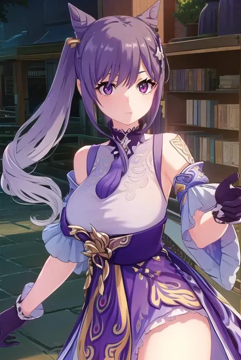 keqing, <lora:genshin keqing ingame-lora-nochekaiser:1>,
keqing, long hair, bangs, hair ornament, twintails, (purple eyes:1.1), purple hair, braid, hair bun, double bun, cone hair bun,
BREAK gloves, dress, bare shoulders, detached sleeves, choker, purple dress, purple gloves,
BREAK outdoors,
BREAK looking at viewer, (cowboy shot:1.5),
BREAK <lyco:GoodHands-beta2:1>, (masterpiece:1.2), best quality, high resolution, unity 8k wallpaper, (illustration:0.8), (beautiful detailed eyes:1.6), extremely detailed face, perfect lighting, extremely detailed CG, (perfect hands, perfect anatomy),