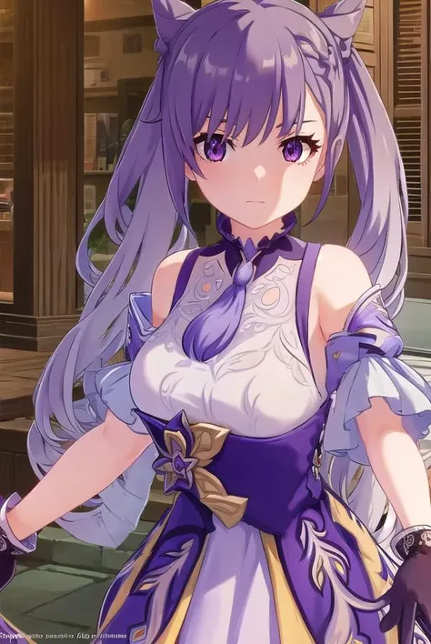 keqing, <lora:genshin keqing ingame-lora-nochekaiser:1>,
keqing, long hair, bangs, hair ornament, twintails, (purple eyes:1.1), purple hair, braid, hair bun, double bun, cone hair bun,
BREAK gloves, dress, bare shoulders, detached sleeves, choker, purple dress, purple gloves,
BREAK outdoors,
BREAK looking at viewer, (cowboy shot:1.5),
BREAK <lyco:GoodHands-beta2:1>, (masterpiece:1.2), best quality, high resolution, unity 8k wallpaper, (illustration:0.8), (beautiful detailed eyes:1.6), extremely detailed face, perfect lighting, extremely detailed CG, (perfect hands, perfect anatomy),