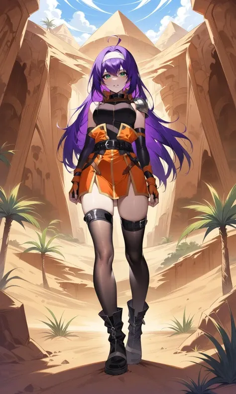 photorealistic full body,
 <lora:mia fehXLV2:0.8>,long hair,ahoge,purple hair,green eyes,white hairband,shoulder armor,orange dress,sleeveless turtleneck, belt,fingerless gloves,thighhighs,boots , in desert, pyramide,oasis, masterpiece, best quality
vibrant colors, intricate details, stunning realism, 32k resolution, captivating eyes, edgy allure,