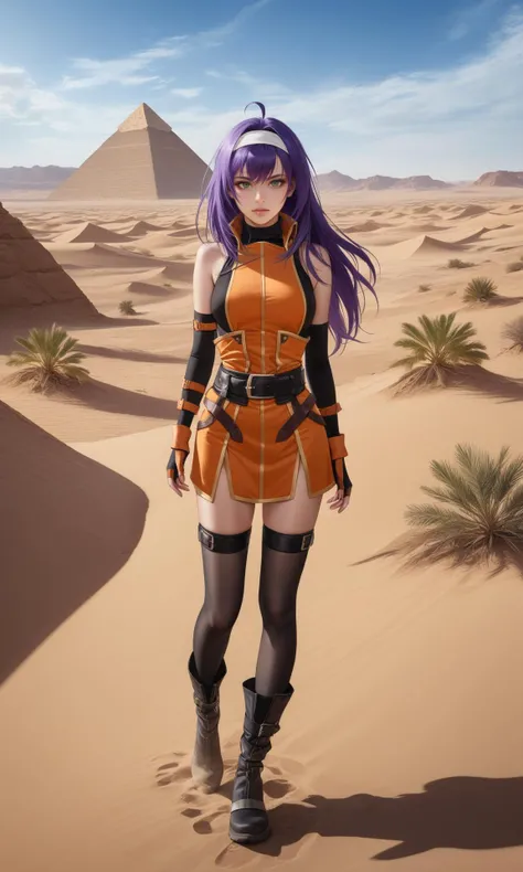photorealistic full body,
<lora:mia fehXLV2:0.8>,long hair,ahoge,purple hair,green eyes,white hairband,shoulder armor,orange dress,sleeveless turtleneck, belt,fingerless gloves,thighhighs,boots , in desert, pyramide,oasis, masterpiece, best quality
vibrant colors, intricate details, stunning realism, 32k resolution, captivating eyes, edgy allure,