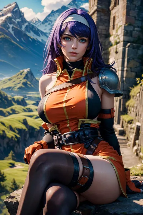(ultra realistic,32k, masterpiece:1.2),(high detailed skin:1.1),( high quality:1.1),
<lora:mia feh:0.8>mia feh,(green eyes:0.8), white hairband,shoulder armor,orange dress,underwear,belt,fingerless gloves,thighhighs,,(looking at viewer, sitting, crossed legs:1.1),, (huge breast:1.1),<lora:add_detail:0.78>,
(radiant:1.1), mythril peaks, towering mountains, mythical creatures, untold riches, blurry background,