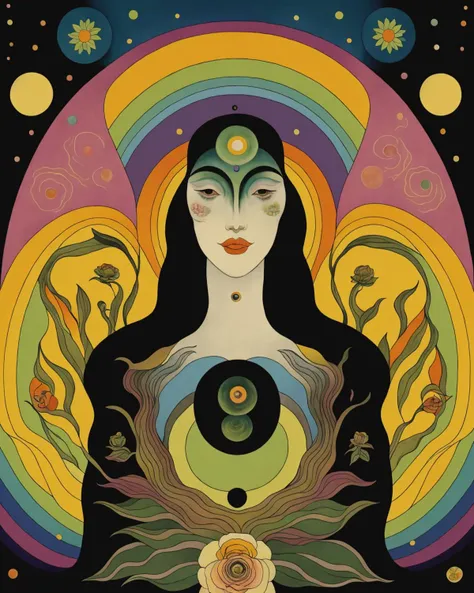 a woman with a yin sign on her face and a tree with flowers around her head and a rainbow in the background, Amanda Sage, symmetrical balance, psychedelic art,  <lora:Vintage_vibes_SD15:0.75> , vintage_vibes