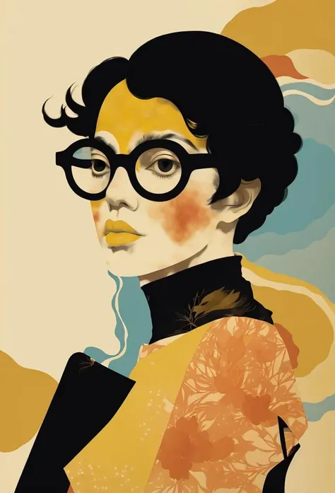 a woman with glasses and a sun behind her head, in a yellow shirt and black pants, with a black and white background, Conrad Roset, sachin teng, a silk screen,   <lora:Vintage_vibes_SD15:1> , vintage_vibes