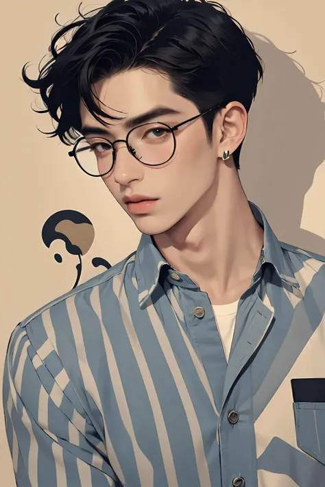 1male,muscular,black hair,earrings,glasses,horizontal stripes,jewelry,lips,shadow,shirt,solo,striped,striped shirt,upper body,vertical stripes,<lora:Vintage_vibes_SD15:1>,vintage_vibes,