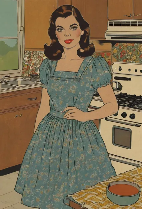 illustration with bold outline, ohwx beautiful woman cooking in vintage 1970s kitchen, big eyes, wearing a a dress and apron <lora:04092023-body:0.7> <lora:Vintage_vibes:1>
