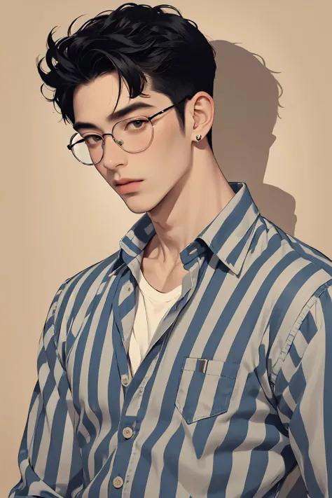 1male,muscular,pectorals,black hair,earrings,glasses,horizontal stripes,jewelry,lips,shadow,shirt,solo,striped,striped shirt,upper body,vertical stripes,<lora:Vintage_vibes_SD15:1>,vintage_vibes,