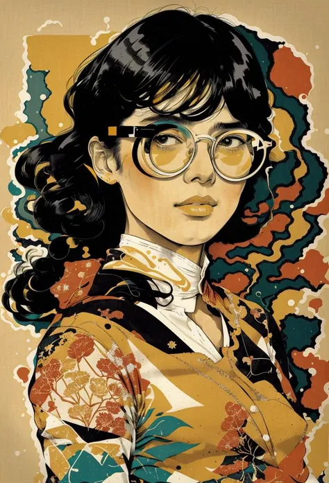 a woman with glasses and a sun behind her head, in a yellow shirt and black pants, with a black and white background, Conrad Roset, sachin teng, a silk screen,   <lora:Vintage_vibes_SD15:1> , vintage_vibes