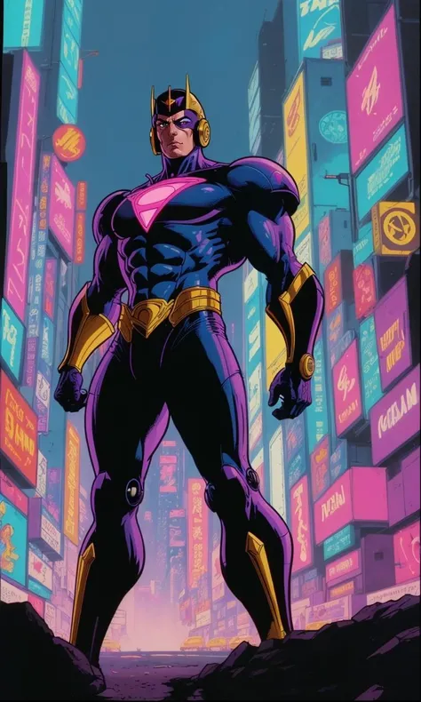 wsma1985, cartoon, vibrant colors, best quality, masterpiece, 1 man, cyberpunk, cyborg, metropolis, neon lights, 80s cartoon, action, science fiction