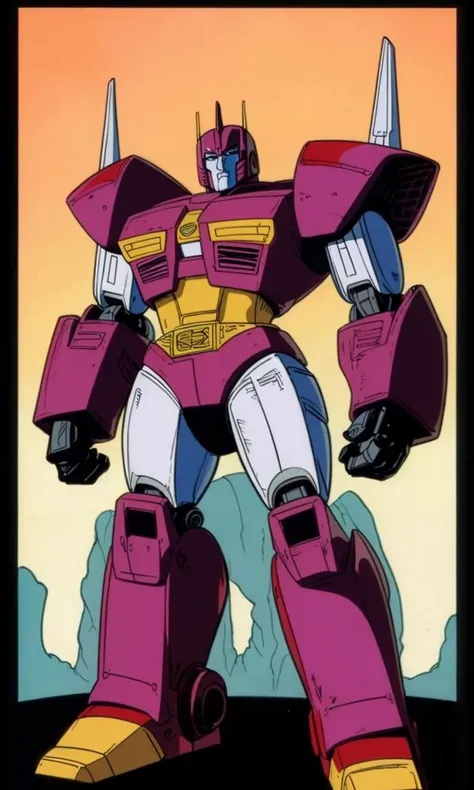 wsma1985, cartoon, vibrant colors, best quality, masterpiece, transformers, robot, optimus prime, red and blue robot,