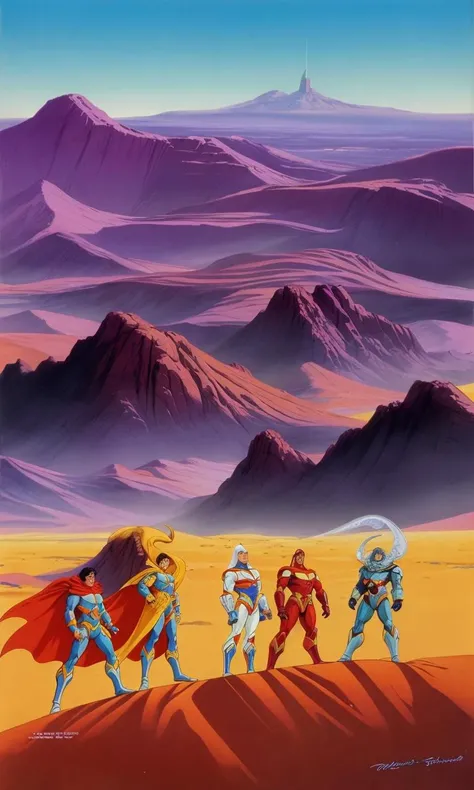 wsma1985, cartoon, vibrant colors, group of heroes, desert planet, mystical, magic, best quality, masterpiece,