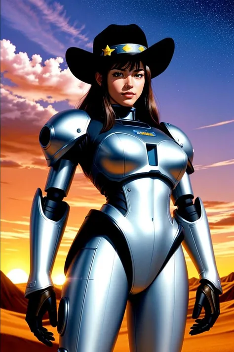 wsma1985, cartoon, vibrant colors, best quality, masterpiece, group of people, cowboys, sci-fi western, cowboy hat, desert, spaceship in background sheriff, cyborg, robotic arms, sunset, white costume, galaxy rangers