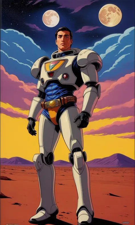 wsma1985, cartoon, vibrant colors, best quality, masterpiece, 1 man , cowboy, sci-fi western, desert, moon,  spaceship in background sheriff, cyborg, robotic arms, sunset