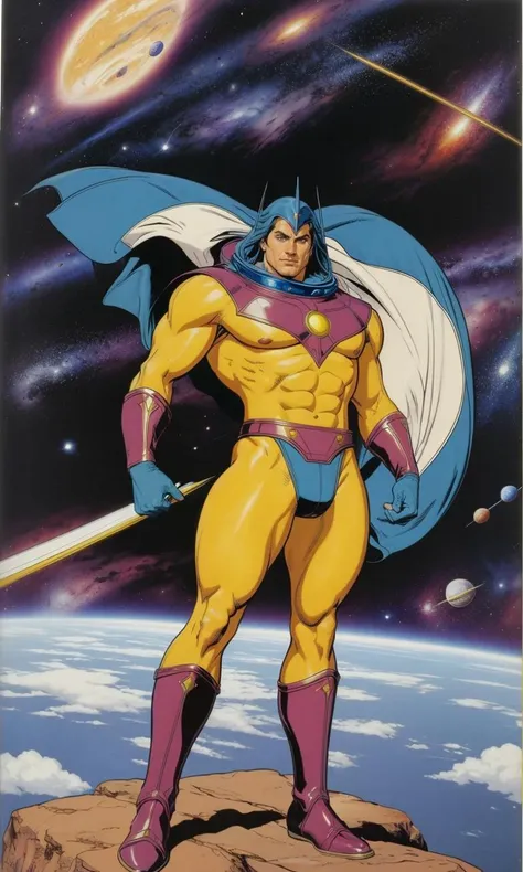 wsma1985, cartoon, vibrant colors, hero, mystical, magic, best quality, masterpiece, flat color, space war, warrior, epic