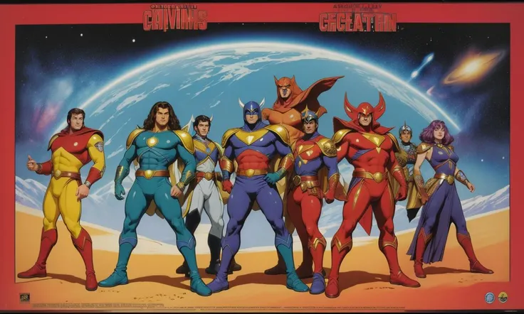 wsma1985, cartoon, vibrant colors, group of misfit heroes, colorful costumes, epic poster, galaxy war, fantasy, adventure
