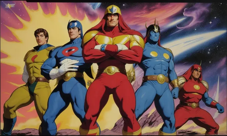 A comic book page with concept art of a superhero team wearing white and gold armor. Their helmets have red visors that emit a vibrant glow. Each member of the team showcases a red heart symbol on their chest. The artwork portrays the superheroes in a heroic pose, emanating confidence and strength. The attention to detail is astonishing, with ultra-realistic rendering achieved through the use of Unreal Engine. The vibrant colors and vivid shading make the characters come to life on the page. The lighting creates a dynamic atmosphere, emphasizing the intensity of the scene.