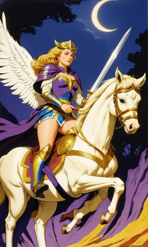 wsma1985, cartoon, vibrant colors, best quality, masterpiece, best quality, flat color, flat color, 1girl, warrior princes riding winged horse, sword, epic fantasy, armor, Valkyrie
