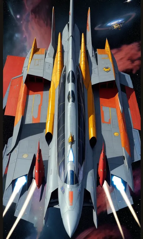 wsma1985, cartoon, vibrant colors, best quality, masterpiece, flat color, spaceship, space battle, fighter jet