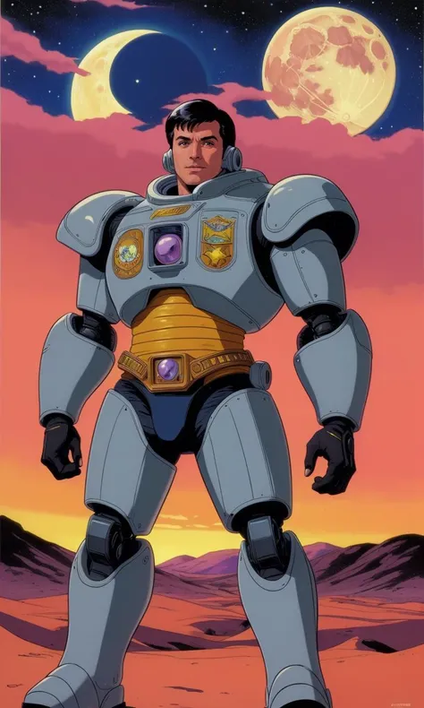 wsma1985, cartoon, vibrant colors, best quality, masterpiece, 1 man , cowboy, sci-fi western, desert, moon, spaceship in background sheriff, cyborg, robotic arms, sunset