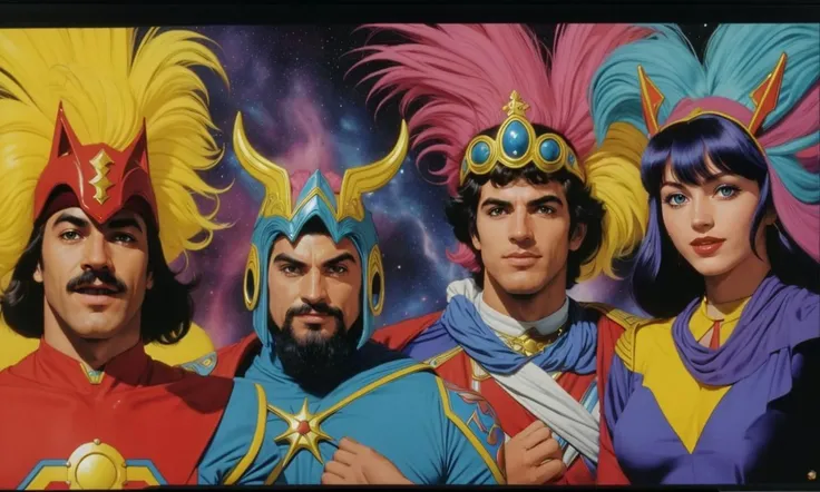 wsma1985, cartoon, vibrant colors, group of misfit heroes, colorful costumes, epic poster, galaxy war, fantasy, adventure