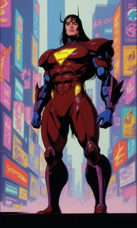 wsma1985, cartoon, vibrant colors, best quality, masterpiece, 1 man, cyberpunk, cyborg, metropolis, neon lights, 80s cartoon, action, science fiction