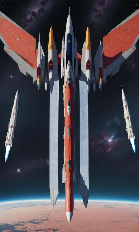 wsma1985, cartoon, vibrant colors, best quality, masterpiece, flat color, spaceship, space battle, fighter jet