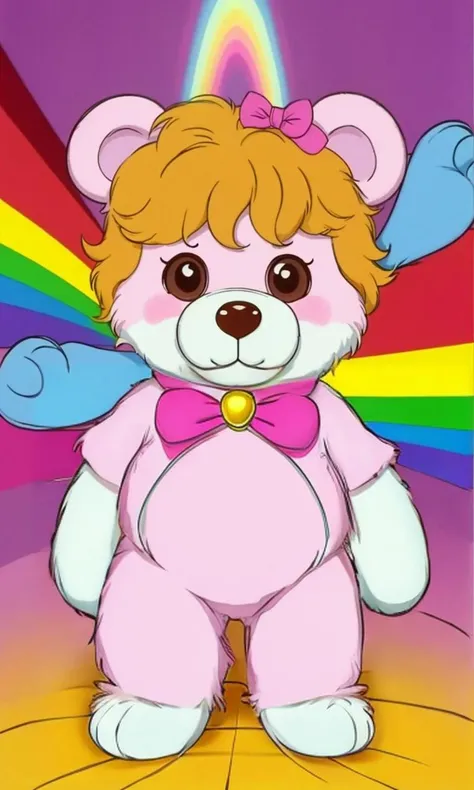 wsma1985, cartoon, vibrant colors, best quality, masterpiece, 80s cartoon, cute, adorable, care bear, teddy bear, pink, rainbow, small,