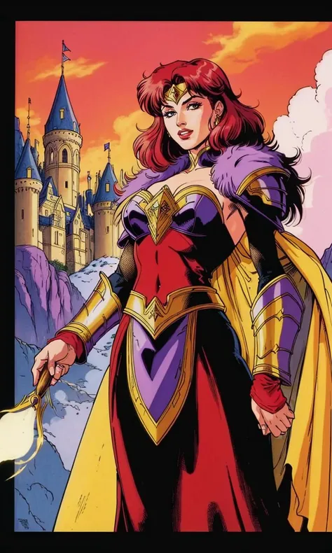 wsma1985, cartoon, vibrant colors, best quality, masterpiece, flat color, 1girl, sorceress, fur trim, armor, epic fantasy, castle