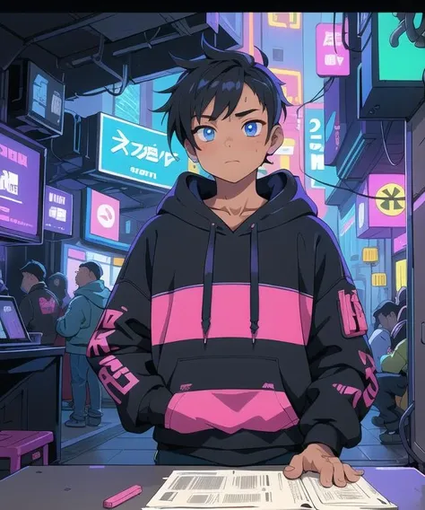 (masterpiece, best quality), 1boy, cyberpunk, hoodie, neon,
