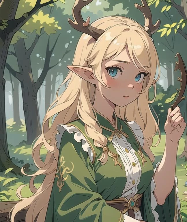 (masterpiece, best quality), 1girl, intricate details, blonde, leaf, wavy hair, looking at viewer, elf, upper body, forest, frills, mist, deer antlers,