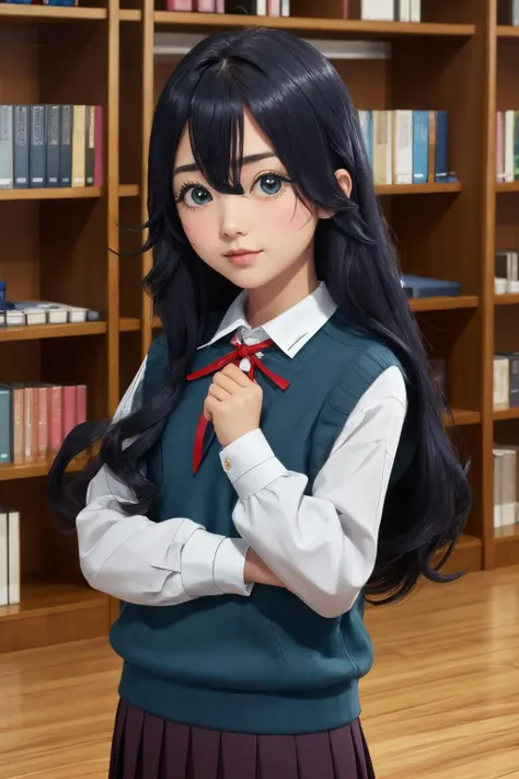 uhd, hyperrealistic, ultrarealistic, 1girl, , japanese woman, dark blue hair, long hair, dark blue eyes, hairband, collared shirt, sweater vest, school emblem, bowtie, skirt, school hallway