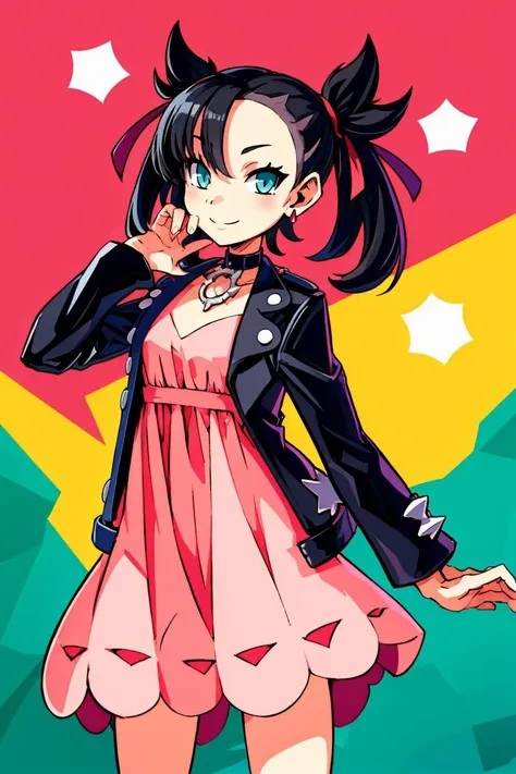 ((masterpiece,best quality)), absurdres, <lora:marnie_v1:0.7>, hmmarnie, aqua eyes, black choker, red ribbon, pink dress, jewelry, black jacket, open clothes, long sleeves,  solo, smiling, looking at viewer, cowboy shot, ,