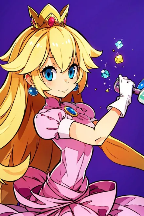 (masterpiece, best quality), 1girl,    <lora:princesspeach-lora-nochekaiser:1>, princess peach, blonde hair, blue eyes, smile, long hair, crown, dress, gem, gloves, pink dress, puffy short sleeves, puffy sleeves, short sleeves, white gloves,