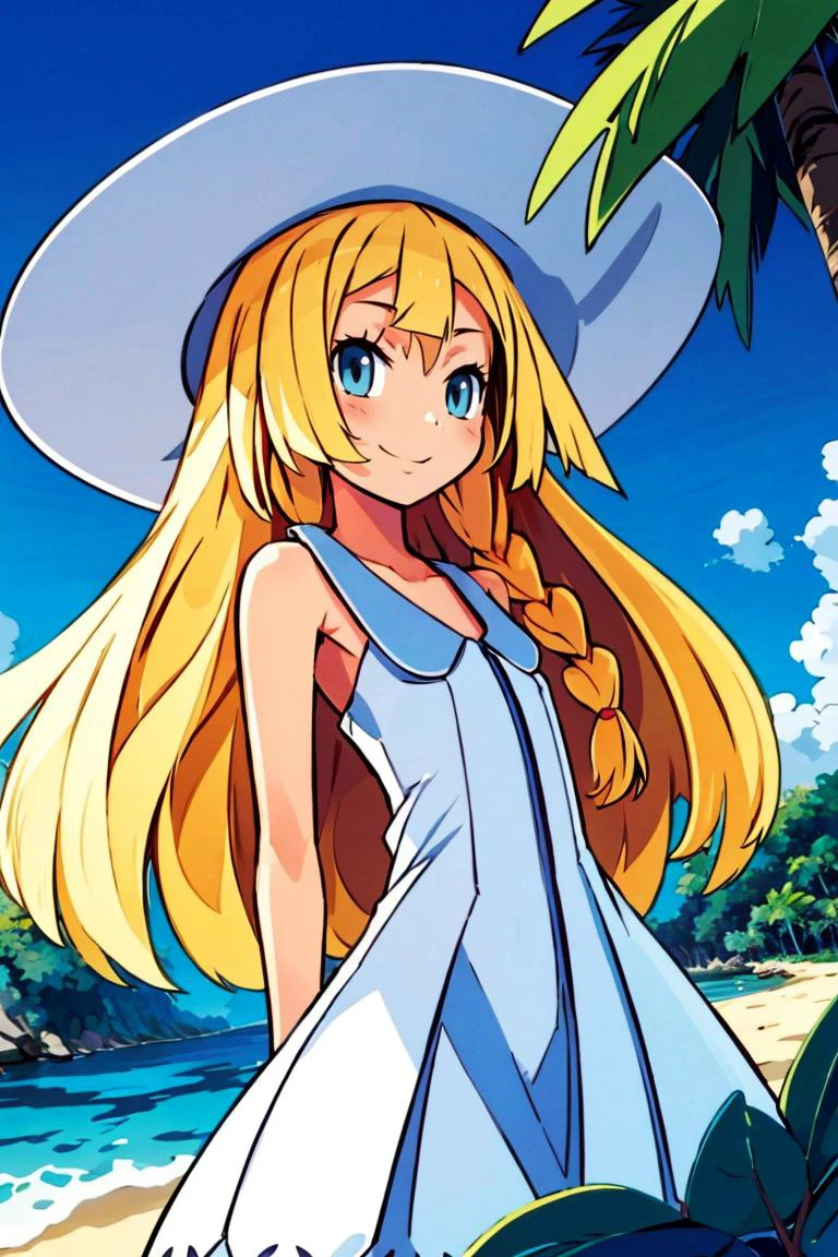 ((masterpiece,best quality)), aalillie, long hair, braid, sun hat, white headwear, collarbone, sleeveless dress, white dress, <lora:lillie_(pokemon)_v1:0.7>, smile, outdoors, tropical beach, cowboy shot