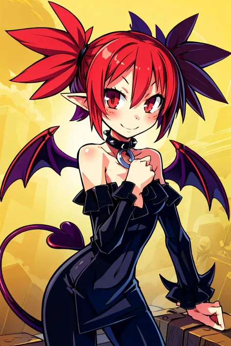 ((masterpiece,best quality)), absurdres, 1girl, solo, red hair, spiked hair, pointy ears, short hair, twintails, black shirt, black dress, choker, demon wings, demon tail, pants, smiling, blush, looking at viewer, cowboy shot,