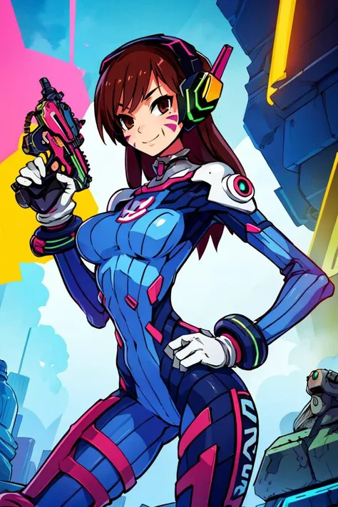 ((masterpiece,best quality)), aahana, long hair, brown hair, headphones, whisker markings, shoulder pads, blue bodysuit, ribbed bodysuit, animal print, clothes writing, long sleeves, white gloves, <lora:d.va_v1:0.8>, cowboy shot, standing, holding weapon, handgun, smile, cyberpunk,