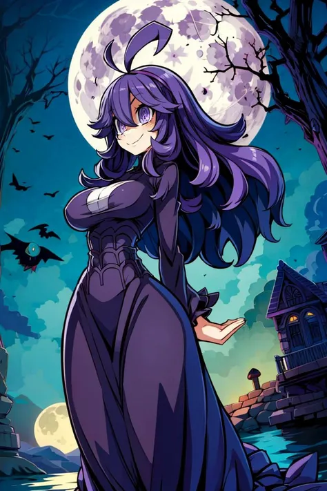 ((masterpiece,best quality)), aahex, hex maniac \(pokemon\), smile, long hair, ahoge, purple hairband, purple eyes, @_@, large breasts, long dress, black dress, long sleeves, <lora:hex_maniac_v1:0.7>, arms behind back, outdoors, full moon,