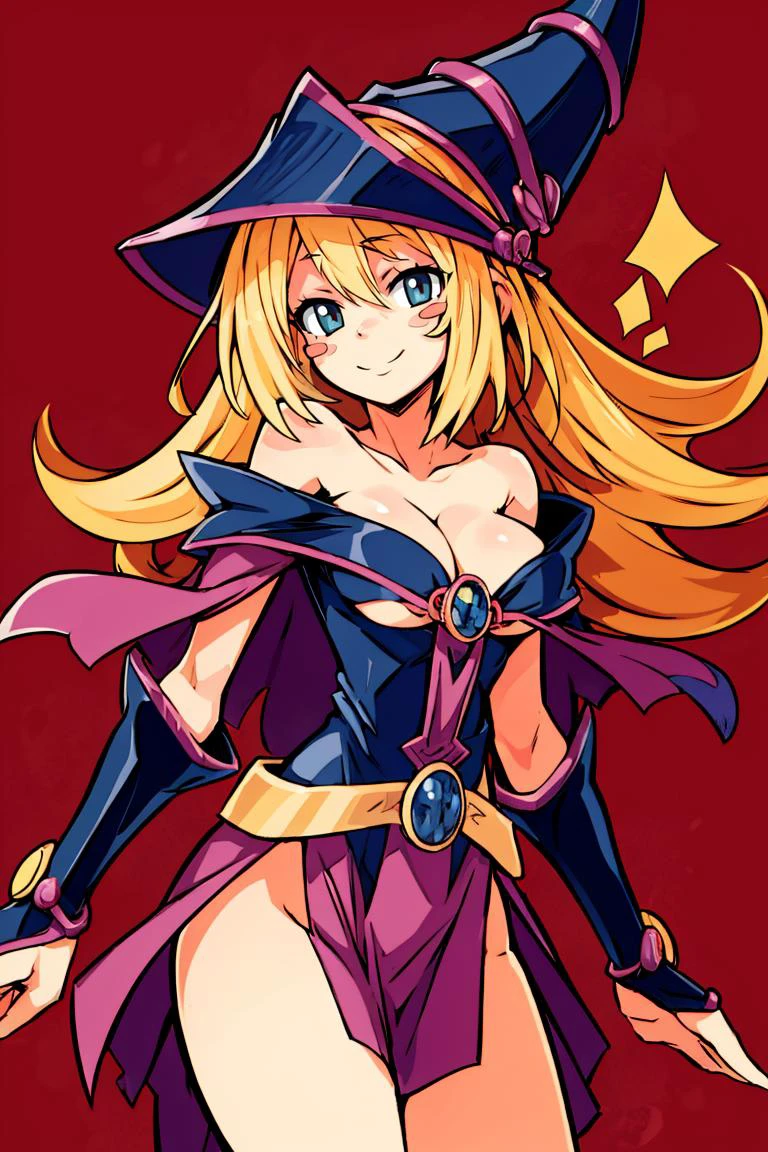 ((masterpiece,best quality)), absurdres, <lora:dark_magician_girl_v1:0.7>, hmdmg1, wizard hat, blush, blush stickers, cleavage, bare shoulders, dress, off shoulder, solo, smiling, looking at viewer, cowboy shot,