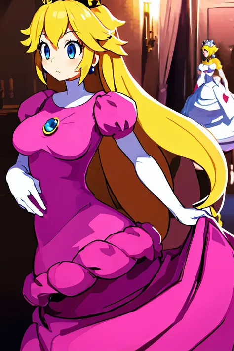 (masterpiece, best quality), 1girl, <lora:princesspeach-lora-nochekaiser:1> princess peach, blonde hair, blue eyes, long hair, crown, dress, gem, gloves, pink dress, puffy short sleeves, puffy sleeves, short sleeves, white gloves,