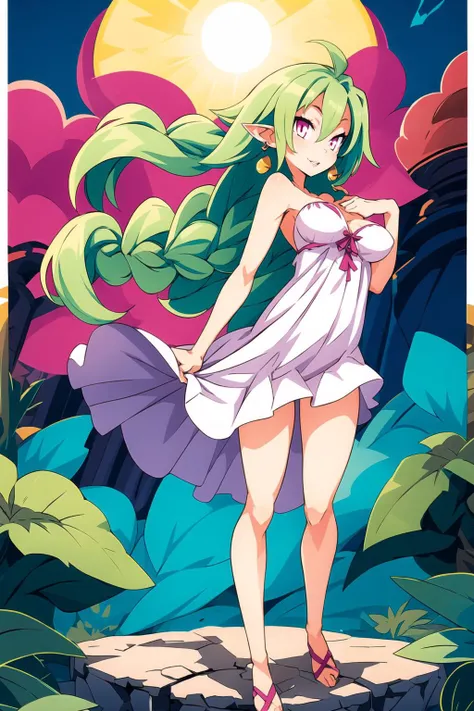 1girl, pointy ears, earrings, green hair, single braid, medium breasts, pink eyes, detailed eyes, light smile, parted lips,sundress, breasts, looking at viewer, full body, wind lift,
standing,
outdoors,